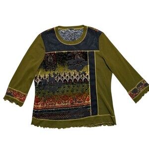 Vintage Medium Velvet Burnout Mesh 3/4 Sleeve Top Green Paisley Floral READ